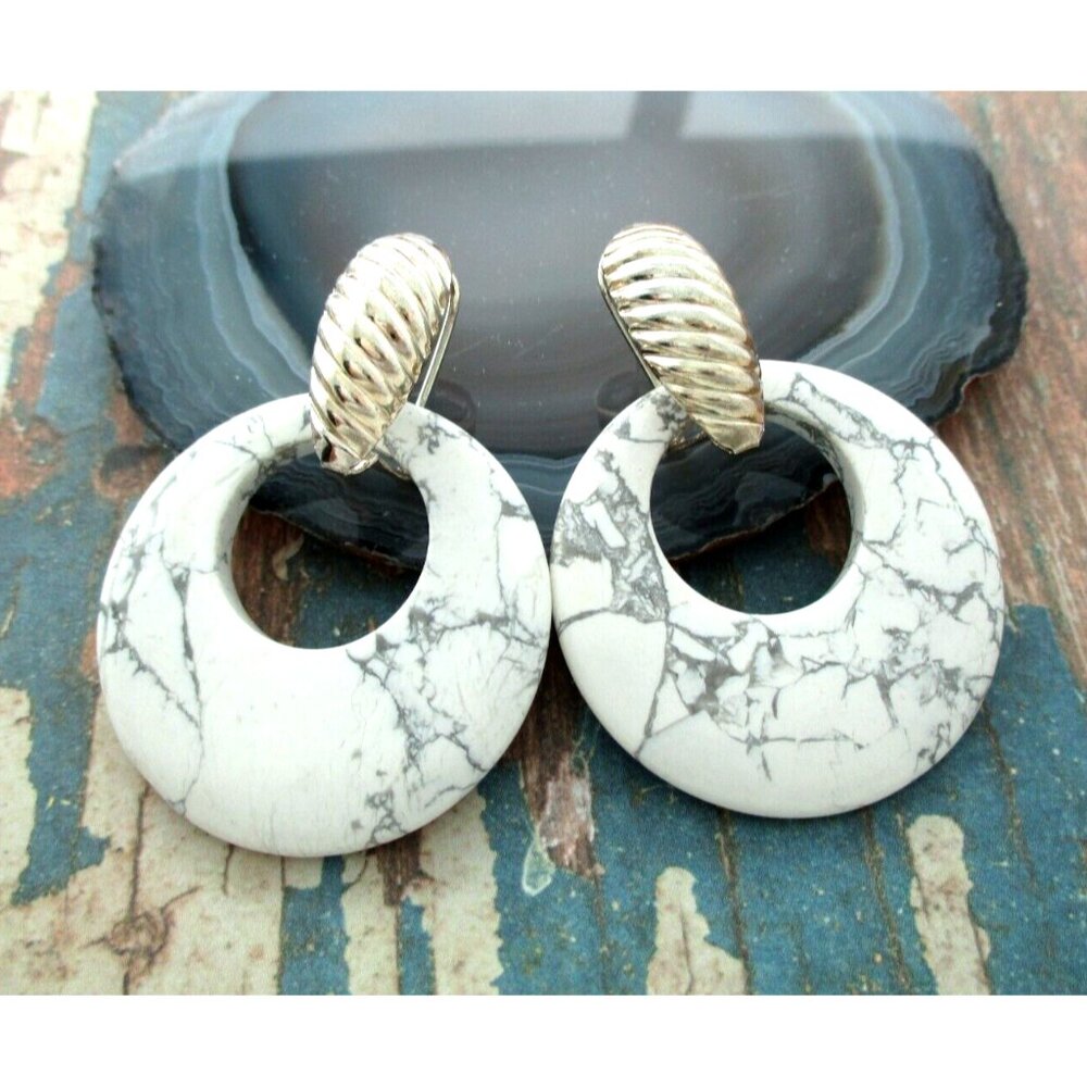 Vtg White Gray Marbled Round Hoop Stone Door Knocker Earrings Lever back pierced